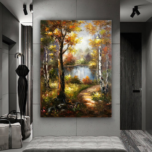 forest landscape paint textured canvas painting, nature canvas painting, trees and forest landscape painting