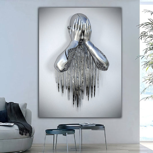 3d looking sculpture canvas painting, silver glitter textured man painting, crying robot canvas print