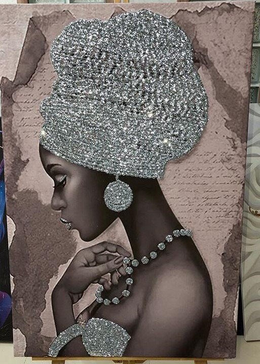 African woman silver glitter embroidered canvas painting, woman with silver hat canvas painting, african woman wall decor, african women art