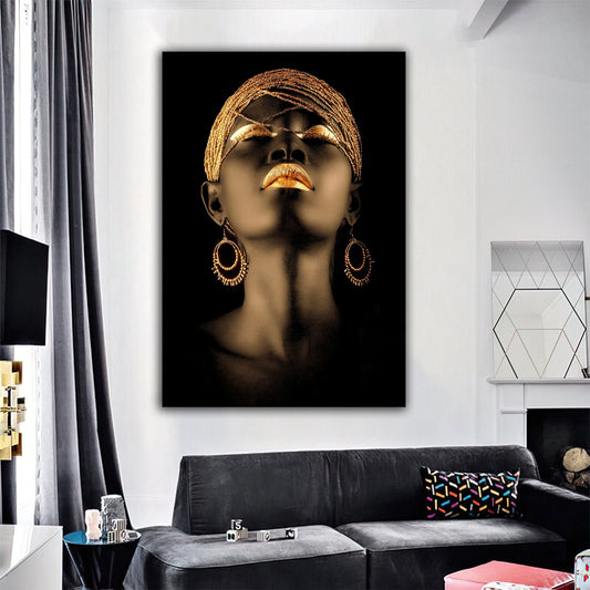 African black woman canvas painting, african woman wall decor with gold icon embroidery, black woman wall art gift
