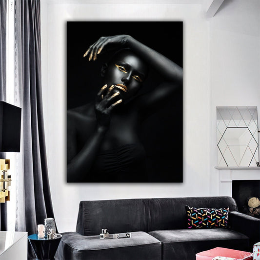 African black woman canvas painting, african woman wall decor with gold icon embroidery, black woman wall art print