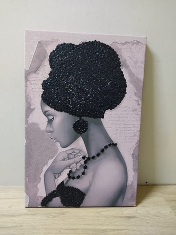 African woman black glitter embroidered canvas painting, woman with black hat canvas painting, african woman wall decor, african women art