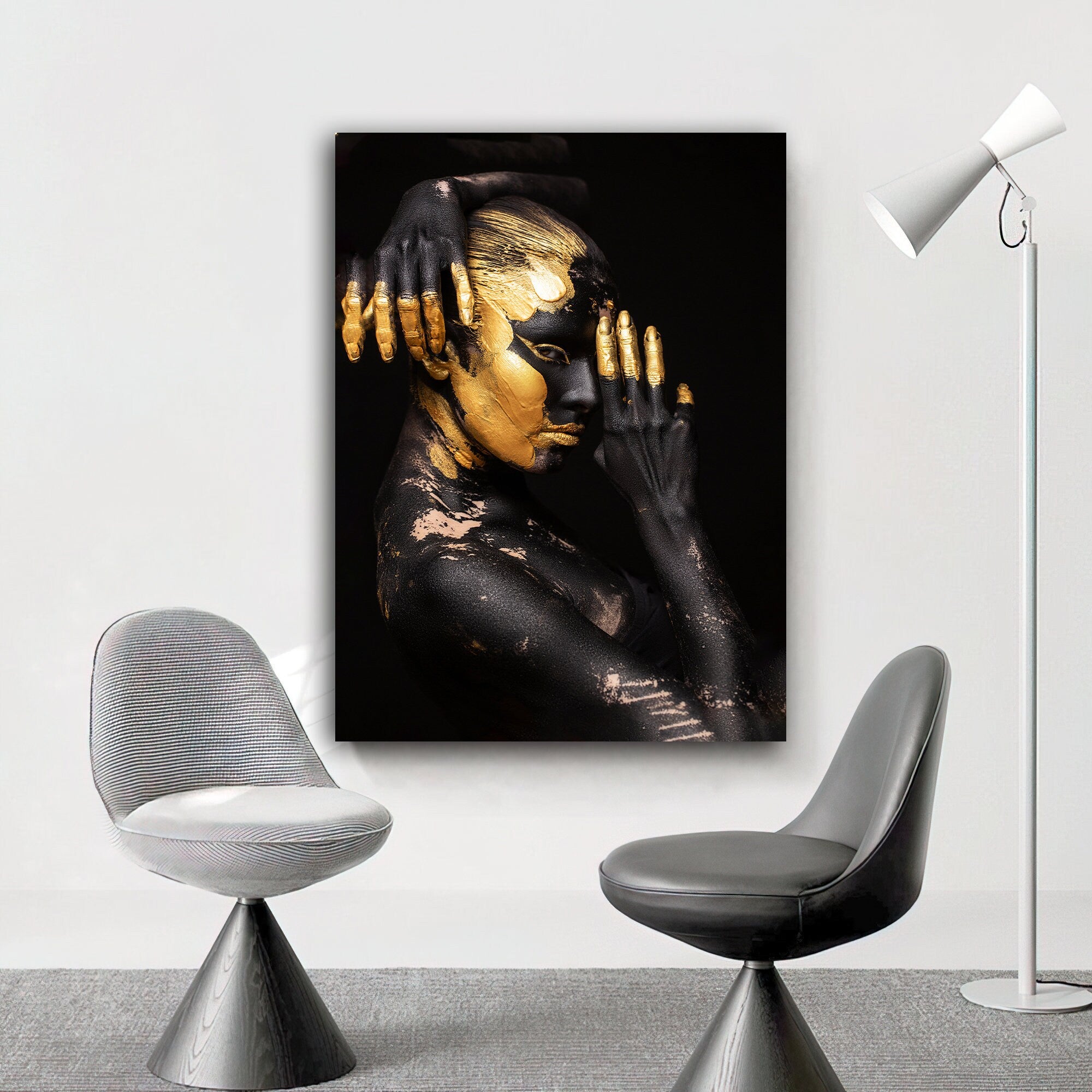 Black women's canvas painting with gold hand, ethnic women's paintimg,  african women's wall decor, glitter textured canvas table Home Decor