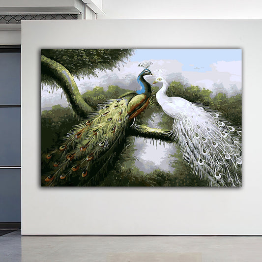 green and white peacocks canvas painting, gold and silver glitter textured peacock wall decor, peacock canvas painting