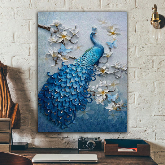 BLUE peacocks canvas painting,  silver glitter textured peacock wall decor, peacock canvas painting