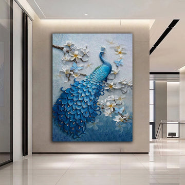 BLUE peacocks canvas painting,  silver glitter textured peacock wall decor, peacock canvas painting