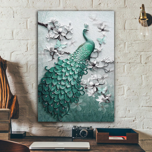 GREEN peacocks canvas painting,  silver glitter textured peacock wall decor, peacock canvas painting