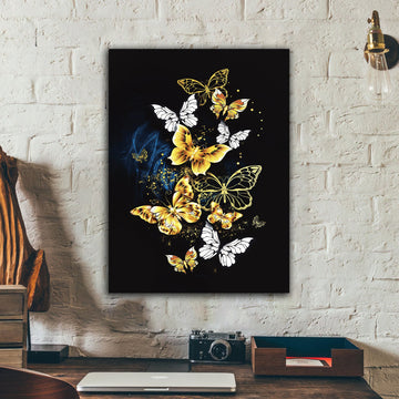 Butterflies canvas painting, flying butterflies blue, gold color canvas painting, gold glitter textured wall decor, butterflies painting