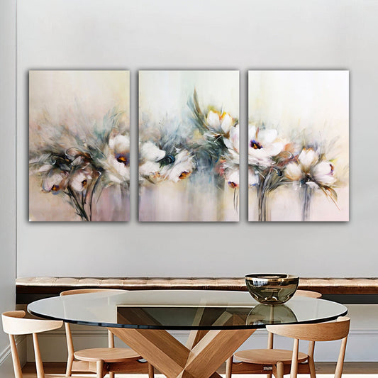 cream flowers canvas painting, flowers 3 panel painting, flower 3 piece canvas painting set, floral wall decor