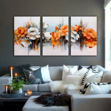 orange flowers canvas painting, flowers 3 panel painting, flower 3 piece canvas painting set, floral wall decor