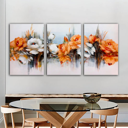 orange flowers canvas painting, flowers 3 panel painting, flower 3 piece canvas painting set, floral wall decor