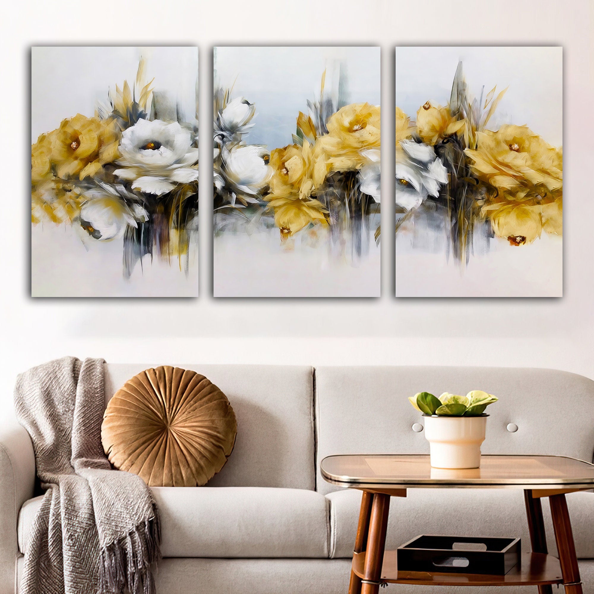 yellow flowers canvas painting, flowers 3 panel painting, flower 3 piece canvas painting set, floral wall decor