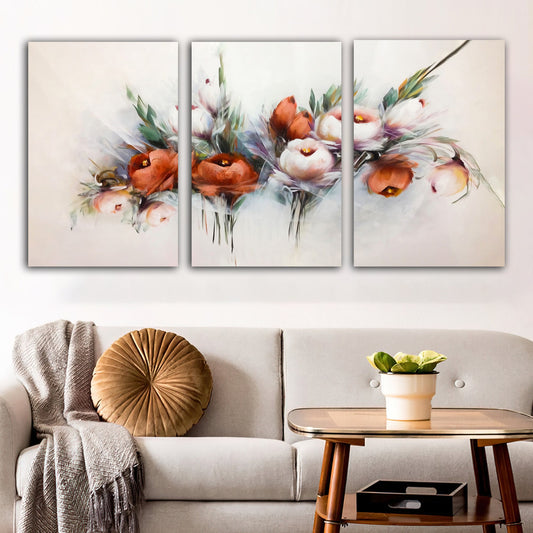 red flowers canvas painting, flowers 3 panel painting, flower 3 piece canvas painting set, floral wall decor