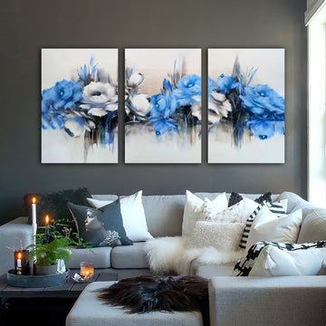 blue flowers canvas painting, flowers 3 panel painting, flower 3 piece canvas painting set, floral wall decor