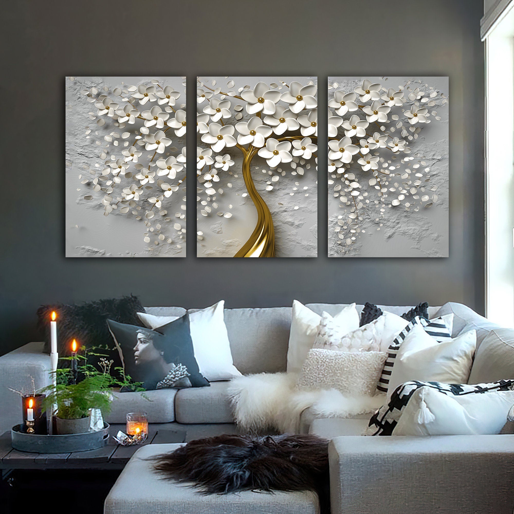 Gold and white flowers canvas painting, flowers 3 panel painting, flower 3 piece canvas painting set, floral wall decor