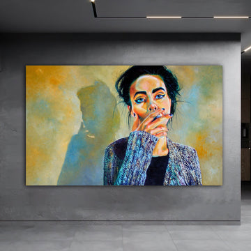 smoking woman canvas painting, cigarette and woman painting, smoking colorful woman painting