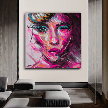 colorful woman canvas painting, oil painting textured woman face canvas painting, paint textured painting art