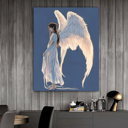 angel girl canvas painting, woman with white wings canvas painting, little girl canvas painting