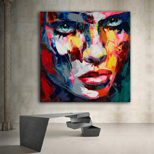 colorful woman canvas painting, oil painting textured woman face canvas painting, paint textured painting