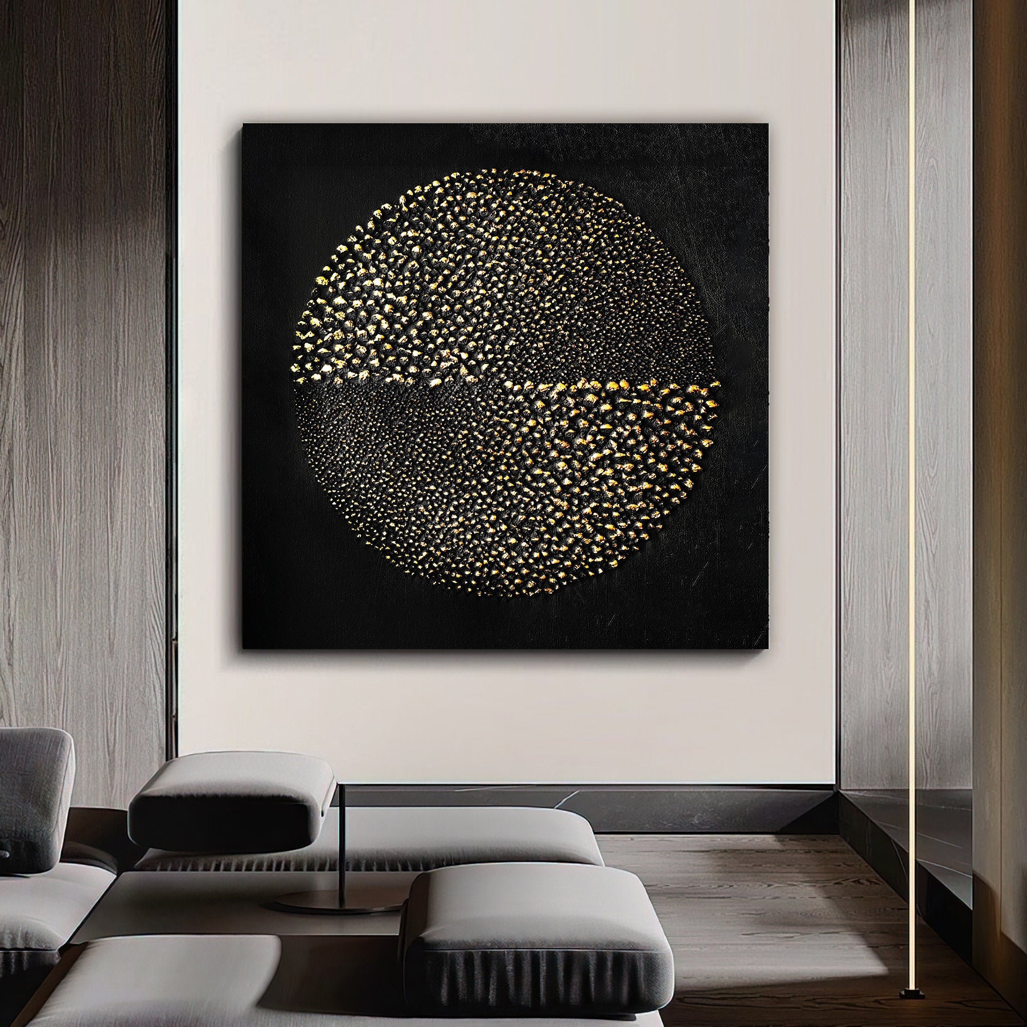 gold rings abstract canvas painting, abstract wall decor with gold glitter texture art