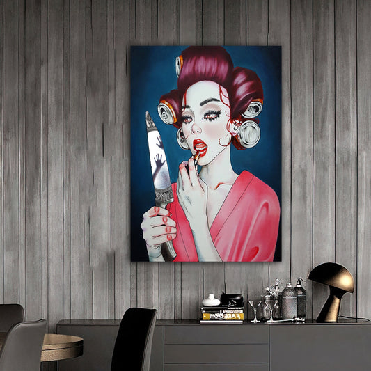 Knife mirror goth gothic woman girl make up art, knife mirror girl canvas painting, girl pop art canvas painting, graffiti canvas