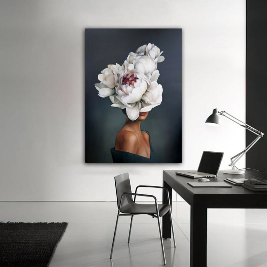 woman with flower head canvas painting, white roses and woman painting, flower woman painting, flowers and woman painting Art Investment