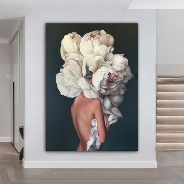 woman with flower head canvas painting, white roses and woman painting, flower woman painting, flowers and woman painting Art Exhibition