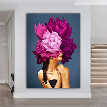 woman with flower head canvas painting, white roses and woman painting, flower woman painting, flowers and woman painting Decorative Art