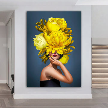 woman with flower head canvas painting, white roses and woman painting, flower woman painting, flowers and woman painting Fine Art