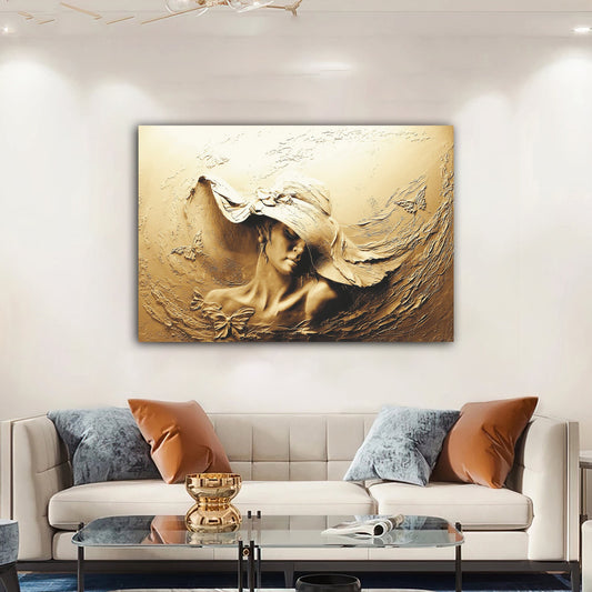 stone woman canvas painting, 3d effect woman painting, woman with hat canvas painting, bronze woman painting