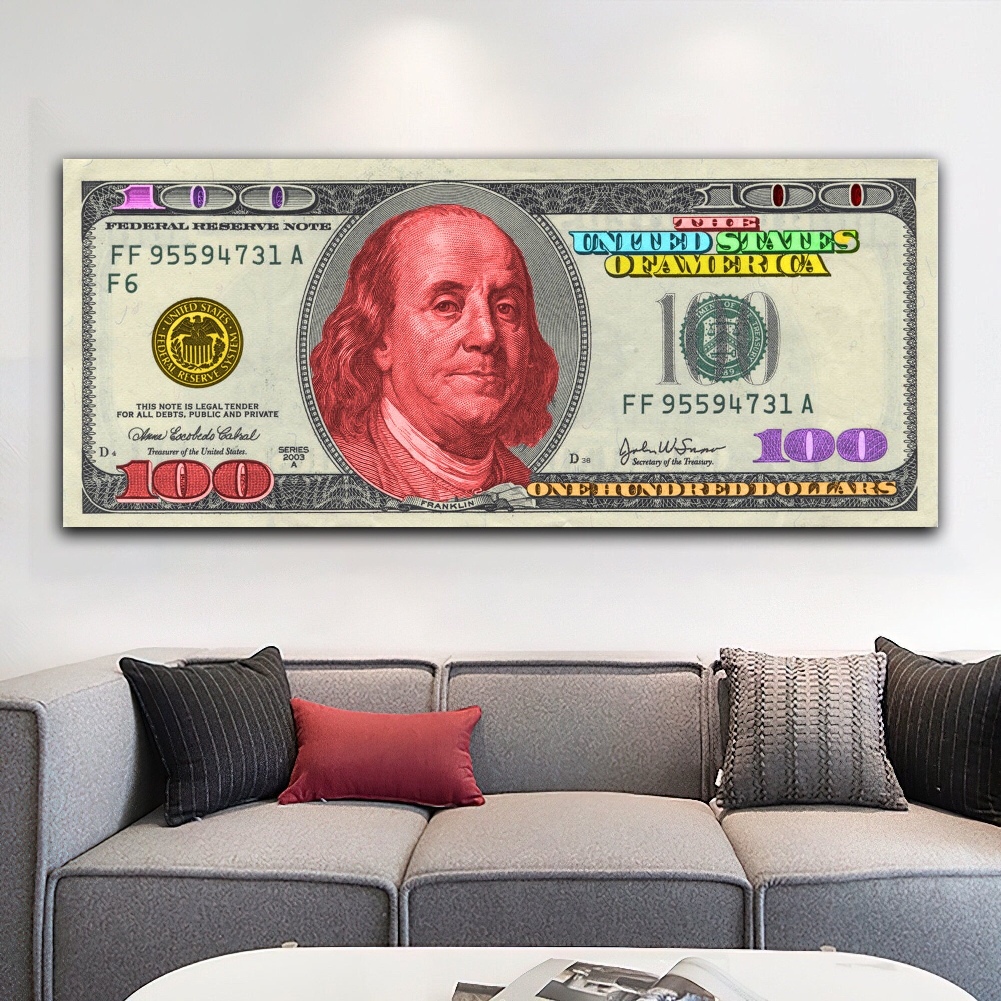 Benjamin Franklin Dollar Art, 100 Dollars Bill Canvas, Money Wall Decor, usd wall art, Money Pop Art Canvas, 100 Bill Cash Wall Art