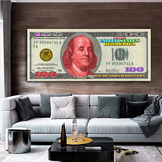 Benjamin Franklin Dollar Art, 100 Dollars Bill Canvas, Money Wall Decor, usd wall art, Money Pop Art Canvas, 100 Bill Cash Wall Art