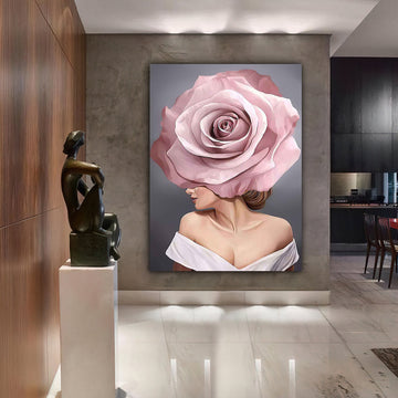 woman with flower head canvas painting, pink roses and woman painting, flower woman painting, flowers and woman painting