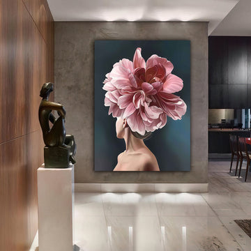 woman with flower head canvas painting, pink roses and woman painting, flower woman painting, flowers and woman painting Canvas Art