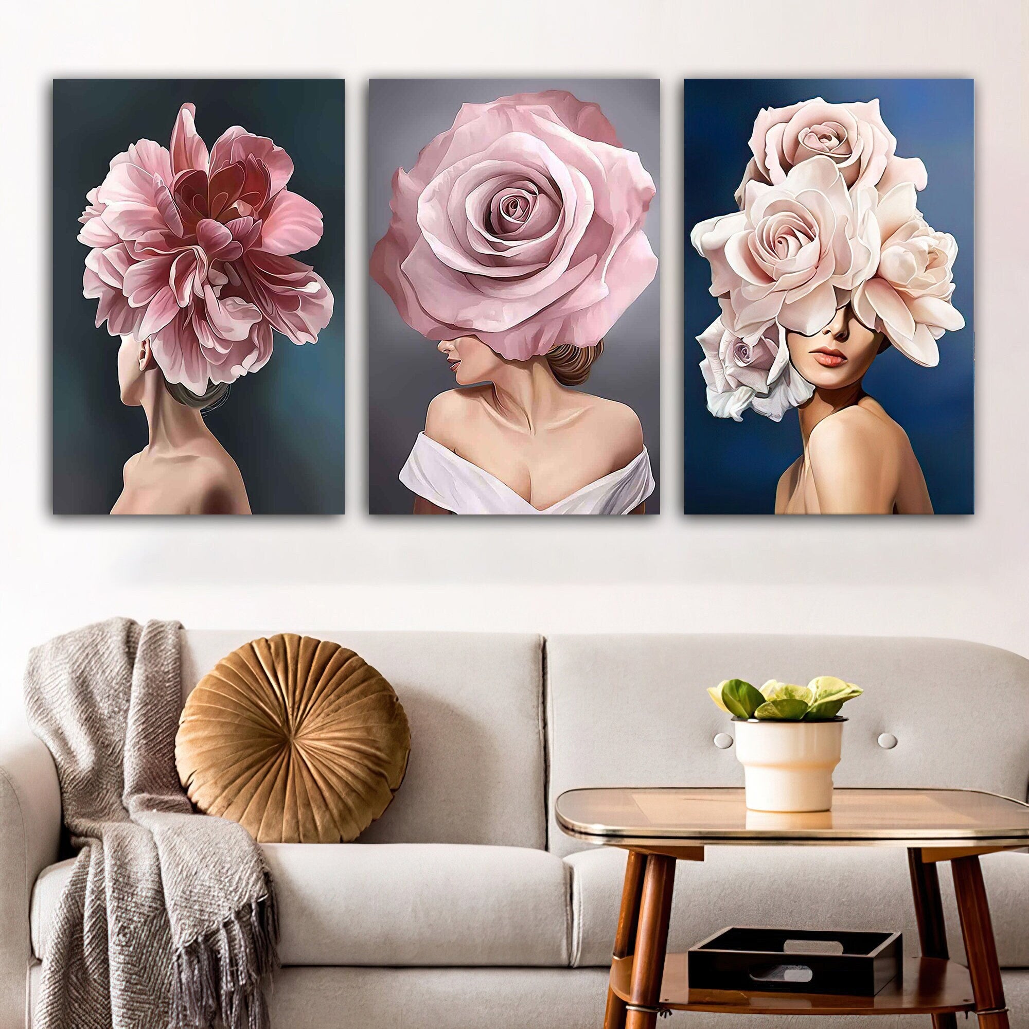 lady with flower body canvas print,woman with flower head canvas painting,artistic nude woman canvas painting,women wall decor modern