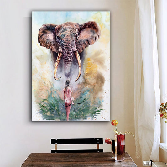 Elephant and nude woman canvas painting, colorful elephant wall decor, elephant canvas painting, animal canvas painting