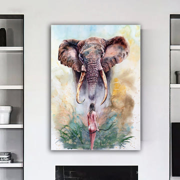 Elephant and nude woman canvas painting, colorful elephant wall decor, elephant canvas painting, animal canvas painting