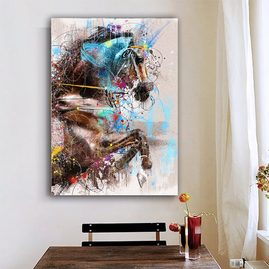 Colorful horse canvas painting, horse wall decor, white horse wall art, animal painting