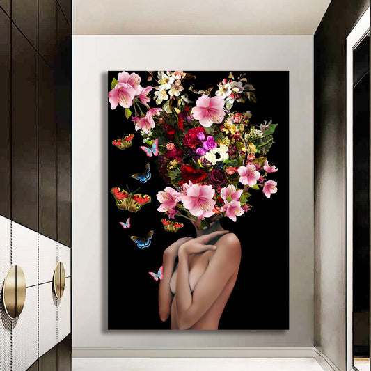 woman with flower head canvas painting, pink roses and woman canvas print, flower woman poster, flowers and woman art