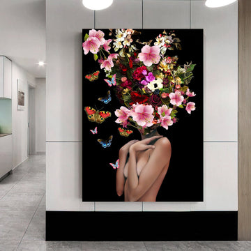 woman with flower head canvas painting, pink roses and woman canvas print, flower woman poster, flowers and woman art