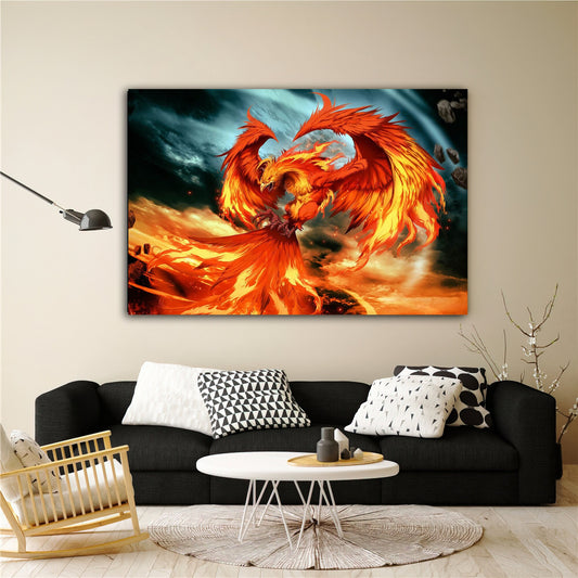 Phoenix canvas painting, red phoenix painting, simurgh bird canvas painting, wild bird painting