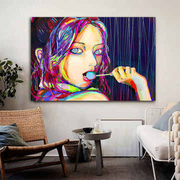 girl licking lollipop canvas painting, woman canvas painting, colorful girl painting