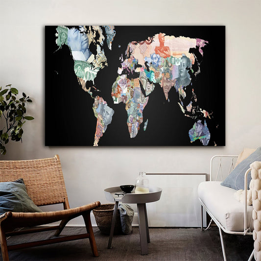 BLACK world map canvas painting, map wall decor, countries map canvas painting, artistic world map canvas painting