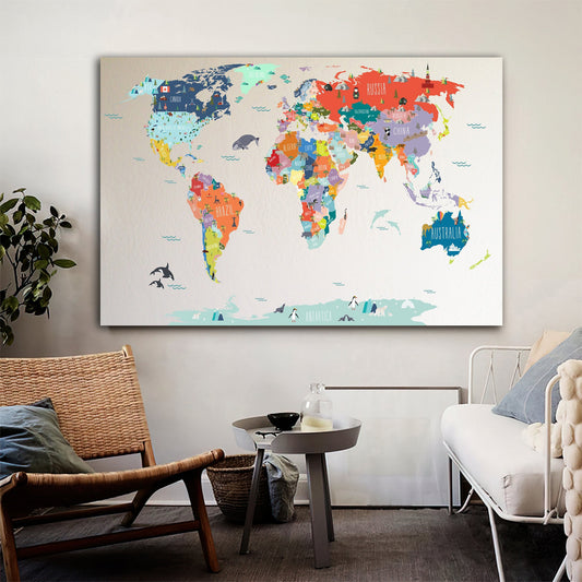 COLORFUL world map canvas painting, map wall decor, countries map canvas painting, artistic world map canvas painting