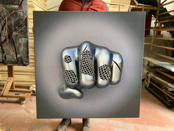 Fist 3d effect canvas painting, silver glitter embroidered wall art, hand canvas painting, sculptural effect canvas painting, 3d wall art