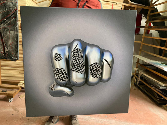Fist 3d effect canvas painting, silver glitter embroidered wall art, hand canvas painting, sculptural effect canvas painting, 3d wall art