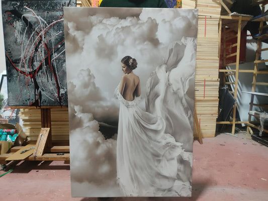 woman in wedding dress canvas painting, bride painting, wedding canvas painting, woman in white wedding dress painting