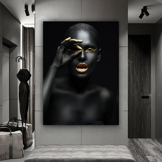 african woman gold glitter canvas painting, ethnic painting, black woman painting, african woman wall art, gold and black canvas painting Contemporary Art