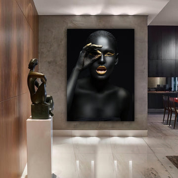 african woman gold glitter canvas painting, ethnic painting, black woman painting, african woman wall art, gold and black canvas painting Contemporary Art