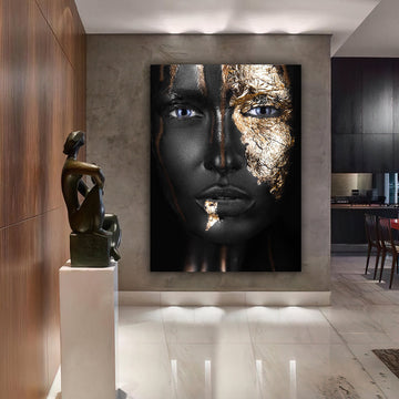 african woman silver glitter canvas painting, ethnic painting, black woman painting, african woman wall art, gold and black canvas painting Decorative Art